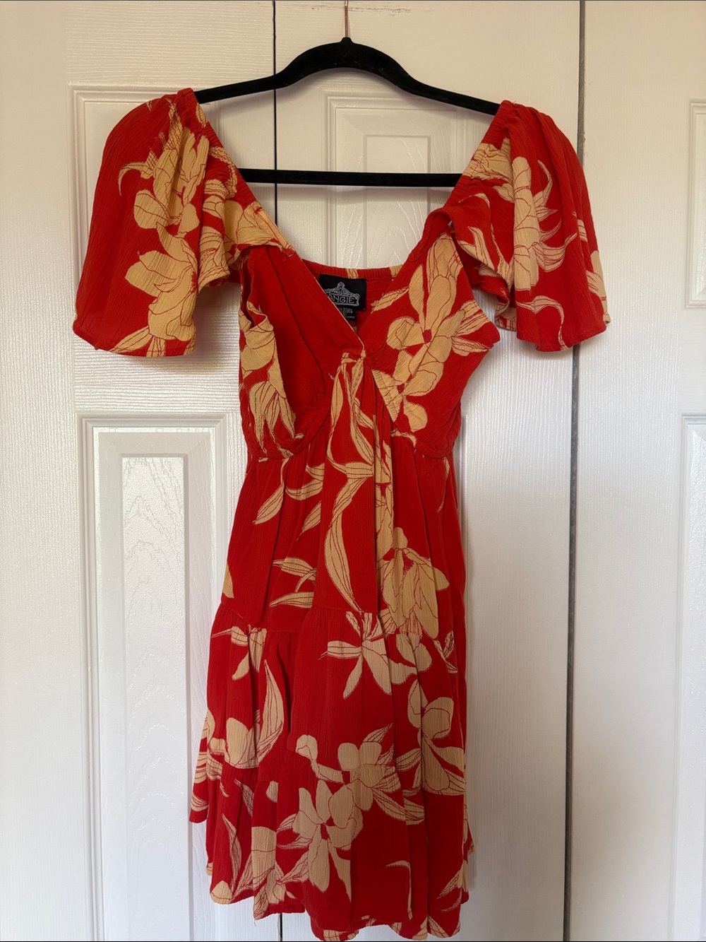 Angie Orange Floral Tie-Front Mini Dress with Puff Sleeves